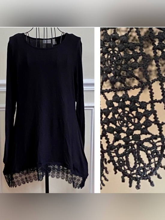 LOGO by Lori Goldstein Tops - NWOT LOGO Lori Goldstein Crochet Trim Black Long Sleeve Tunic Top